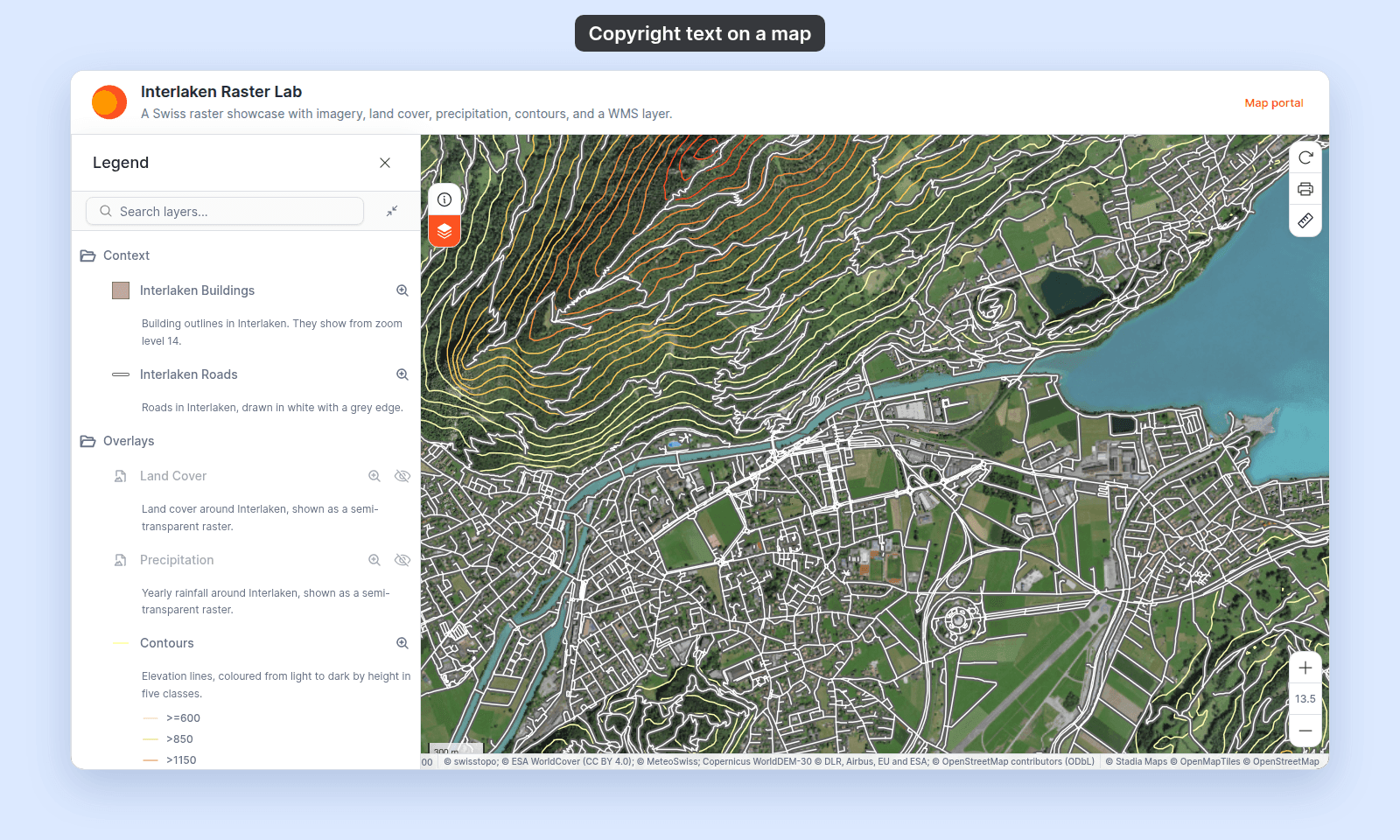Interlaken Raster Lab in the viewer with the copyright line © swisstopo; © ESA WorldCover (CC BY 4.0); © MeteoSwiss; Copernicus WorldDEM-30 © DLR, Airbus, EU and ESA; © OpenStreetMap contributors (ODbL) at the bottom right, before the Stadia Maps credits