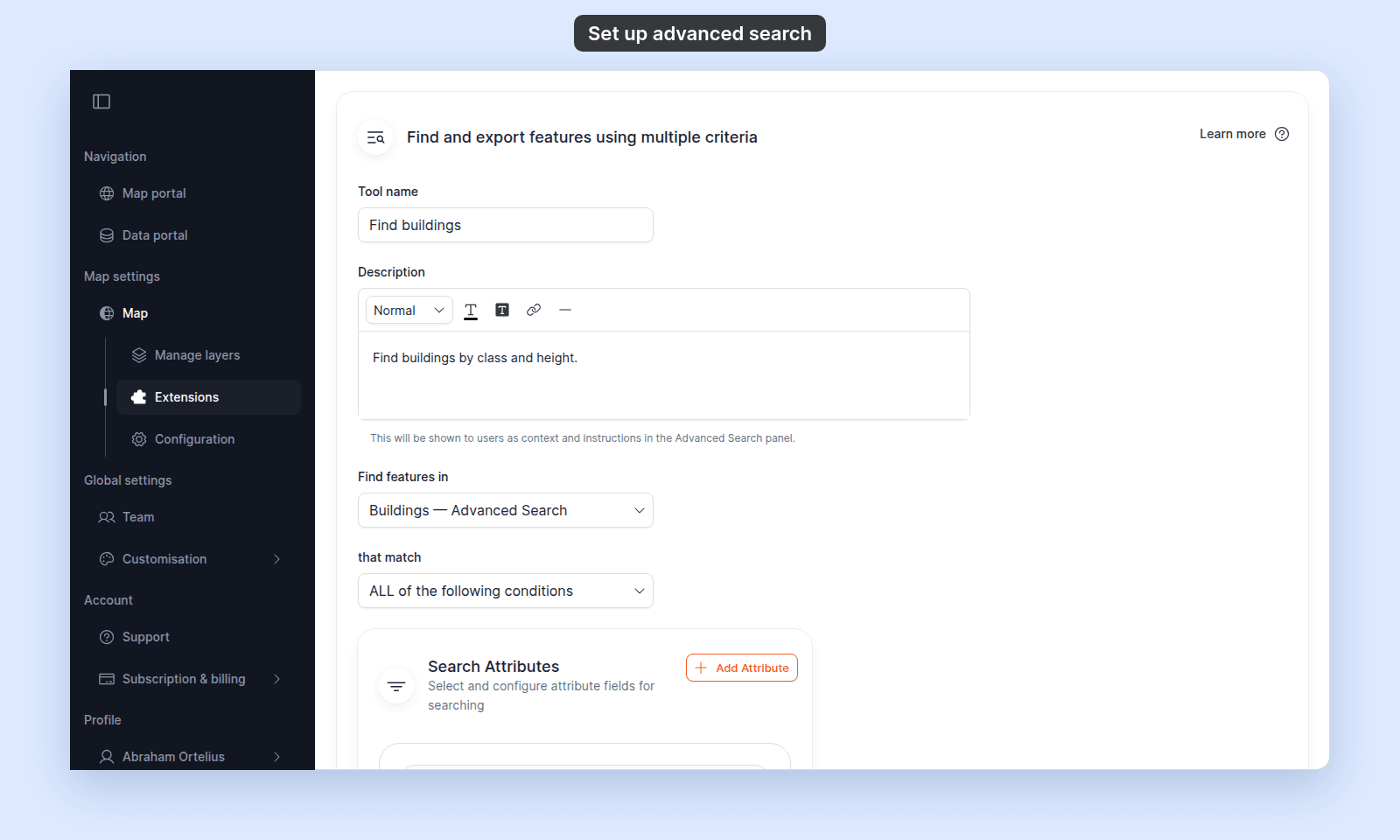 Advanced Search tool config fields (Tool name and Description)
