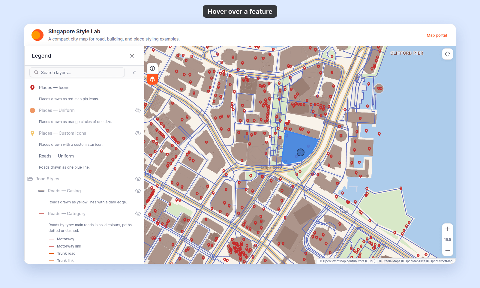 Singapore Style Lab in the viewer with the pointer over a building, which is filled blue by Mouse highlight; the Legend is open on the left