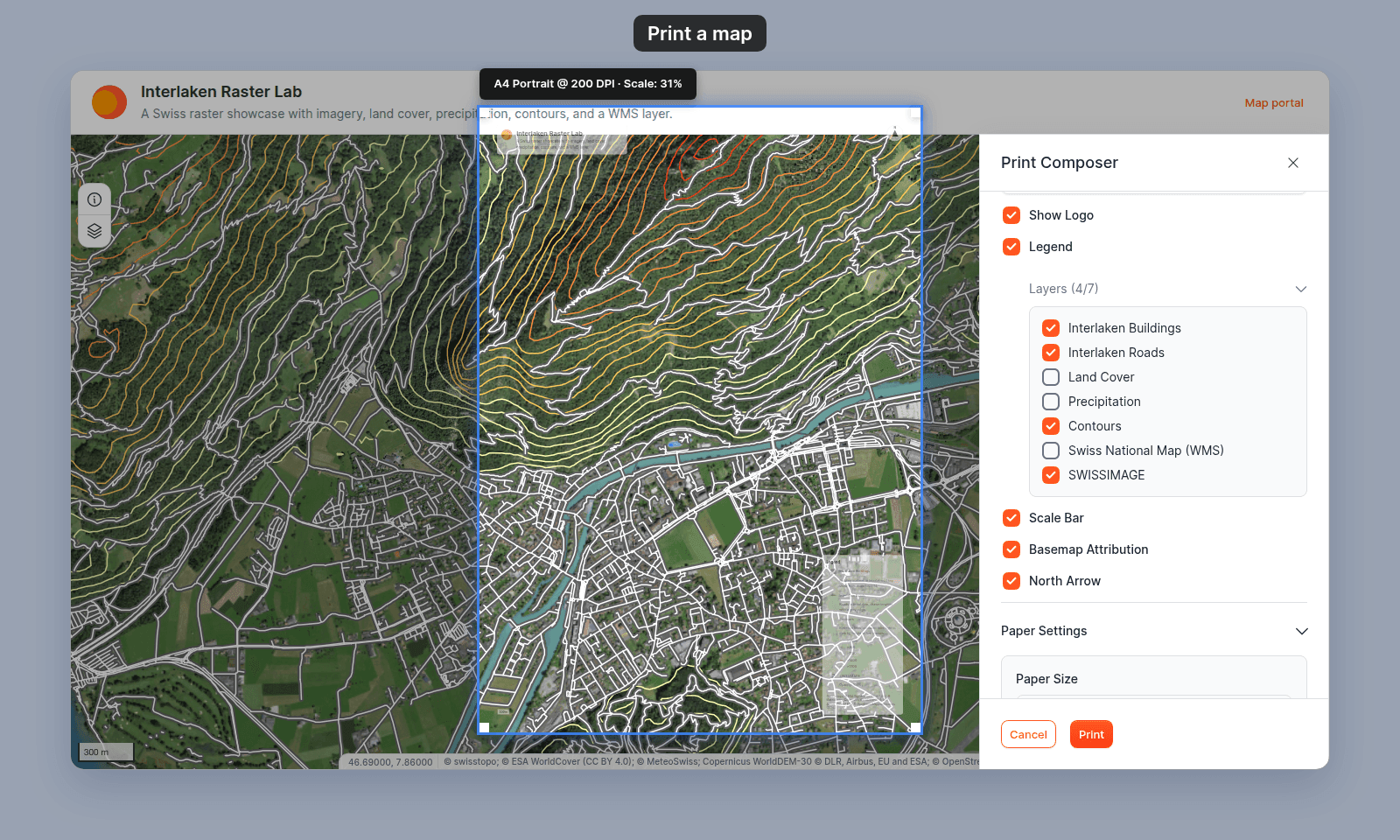 Print Composer open in the viewer, scrolled to its Map Elements toggles: Show Logo, Legend with its Layers (4/7) list, Scale Bar, Basemap Attribution, and North Arrow, then Paper Settings; the page outline A4 Portrait @ 200 DPI is on the map