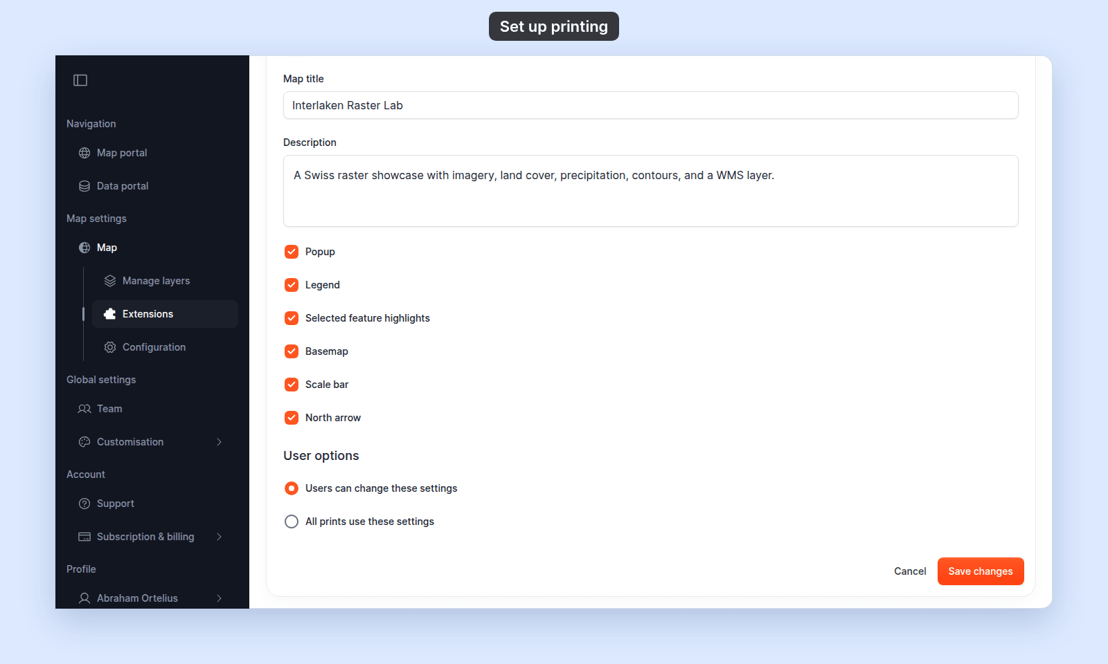 Print settings page with fields, element checkboxes, and User options radio