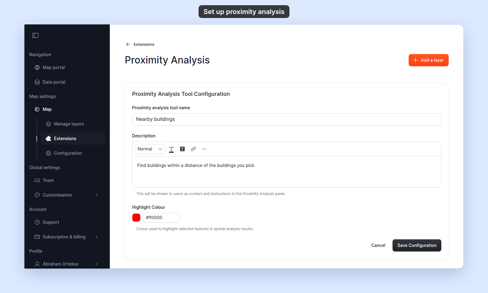 Proximity Analysis Tool Configuration card with its three fields