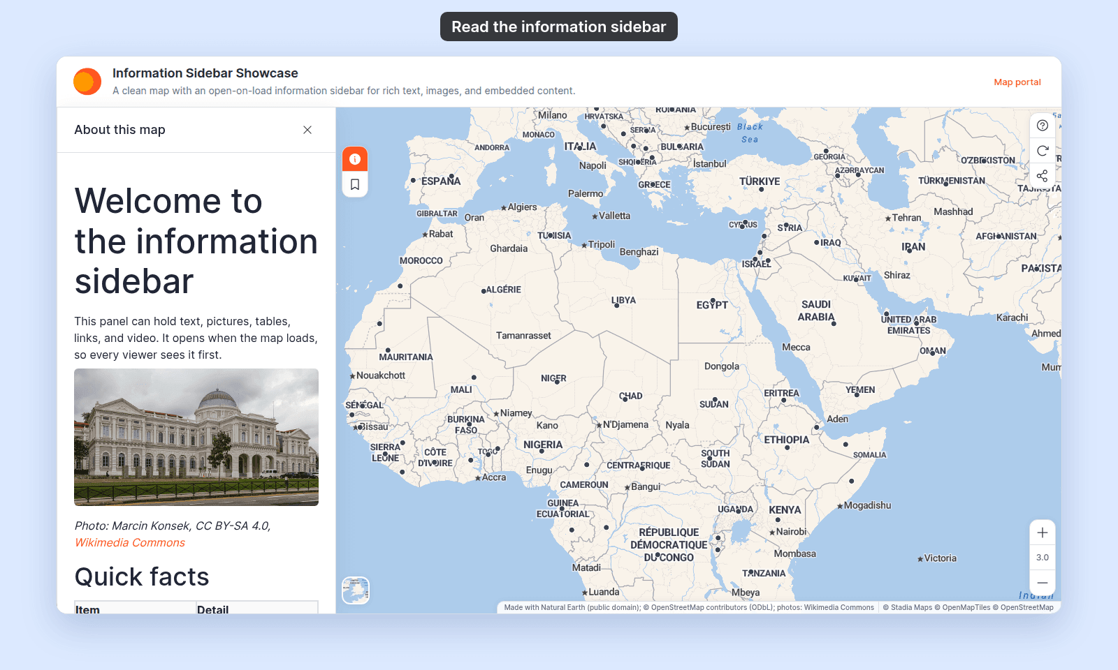 Information sidebar About this map open in the viewer with the heading Welcome to the information sidebar, a paragraph, a photo of the National Museum of Singapore with its credit, and the start of a Quick facts table