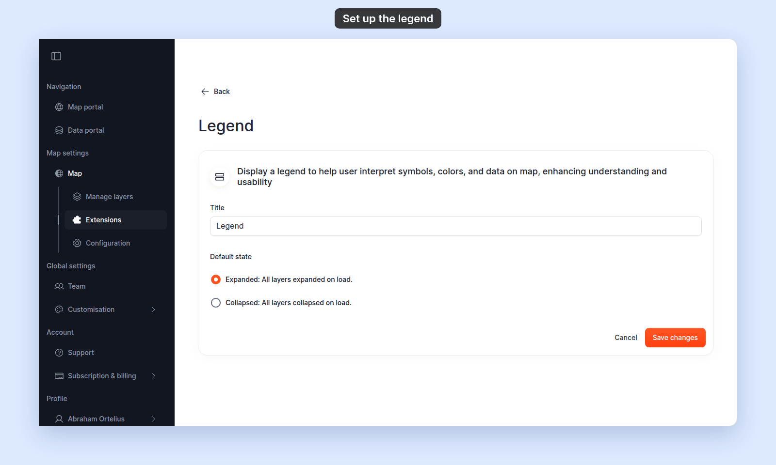 Legend settings page with Title field and Default state radio