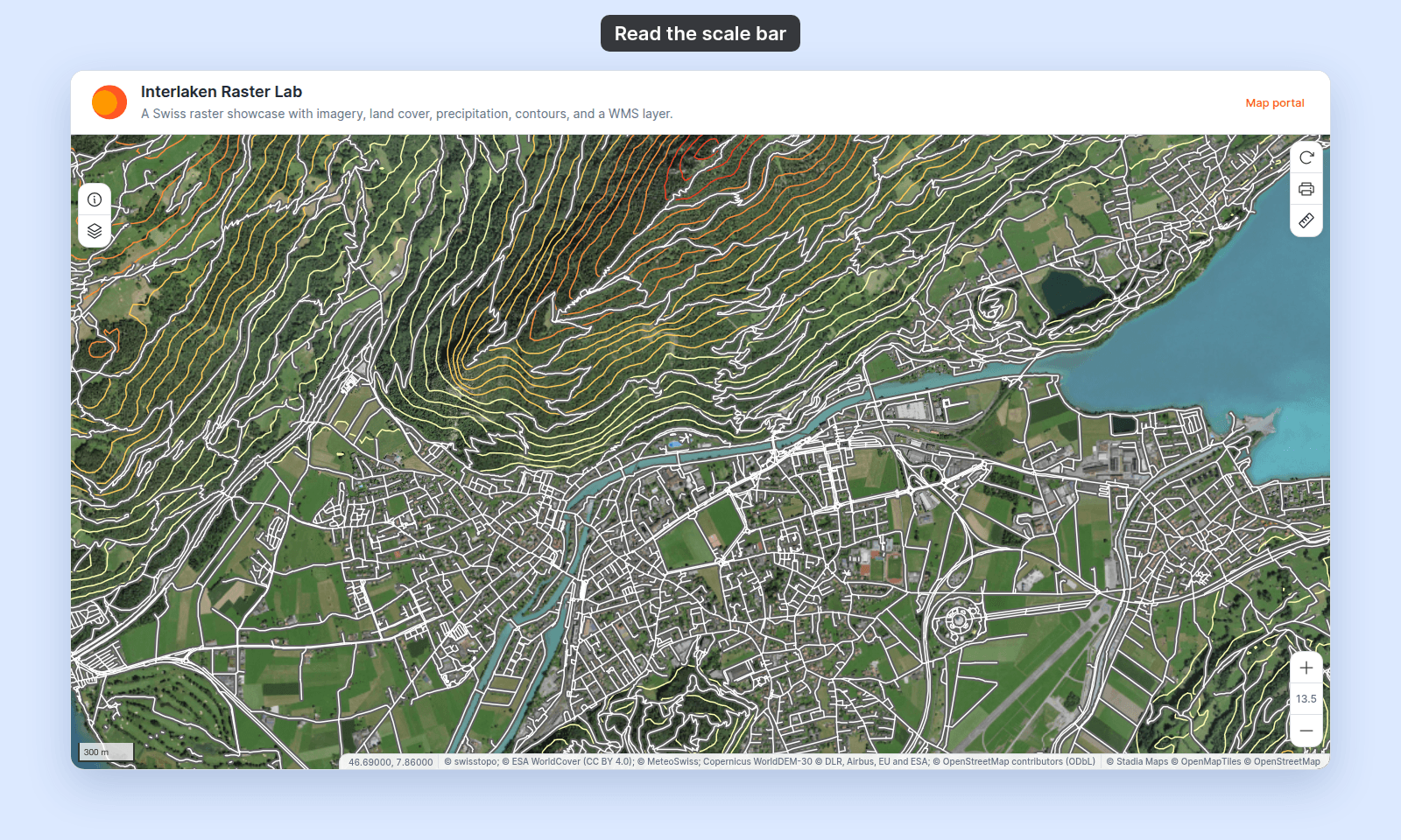 Interlaken Raster Lab in the viewer with the Metric Scale bar reading 300 m at the bottom left of the map, next to the coordinates and attribution