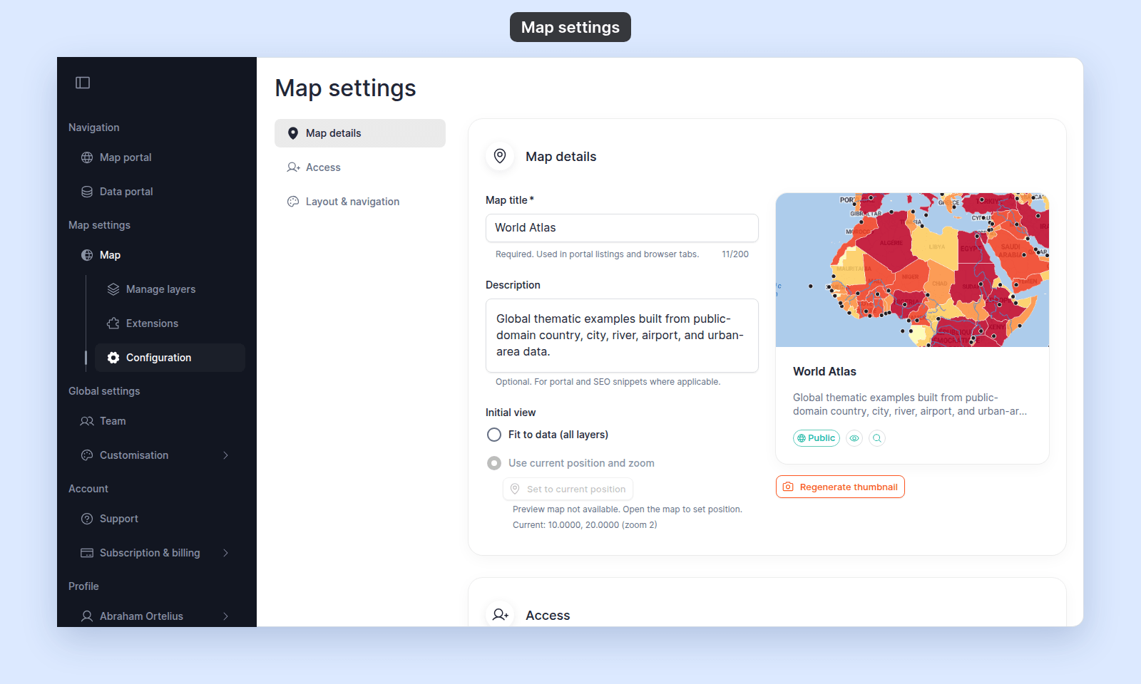 Configuration page of World Atlas with the heading Map settings, a side nav listing Map details, Access, and Layout & navigation, and the Map details section with Map title, Description, Initial view, and the preview card