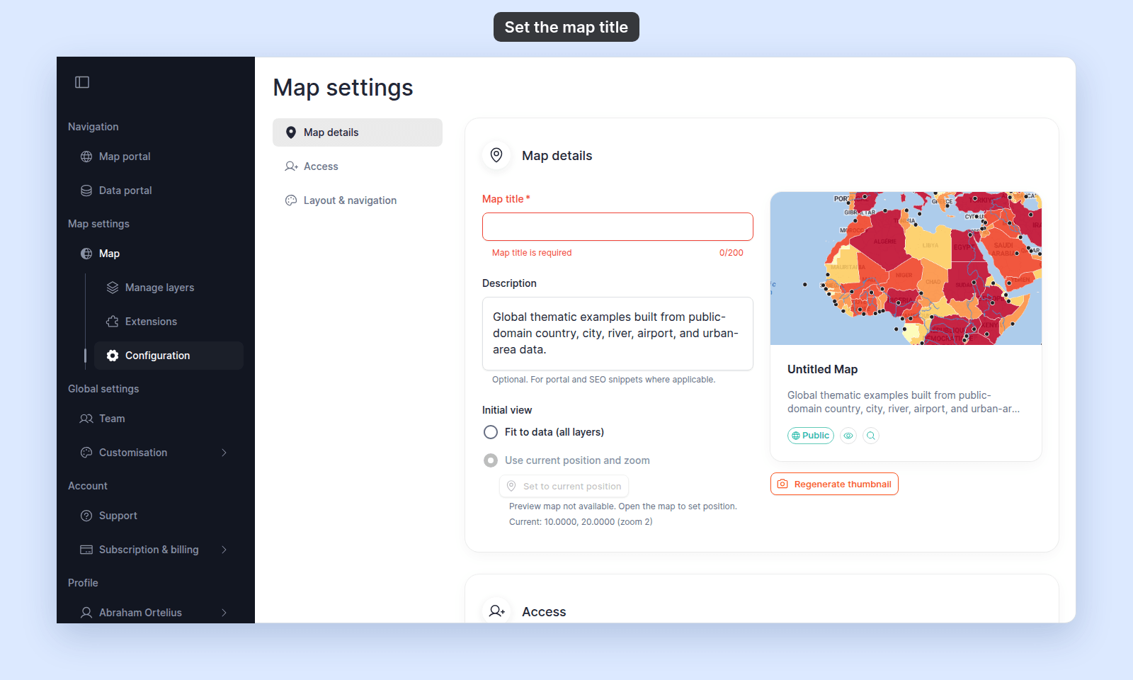 Map details section with an empty Map title field outlined in red, the error Map title is required, the counter 0/200, and the preview card showing Untitled Map