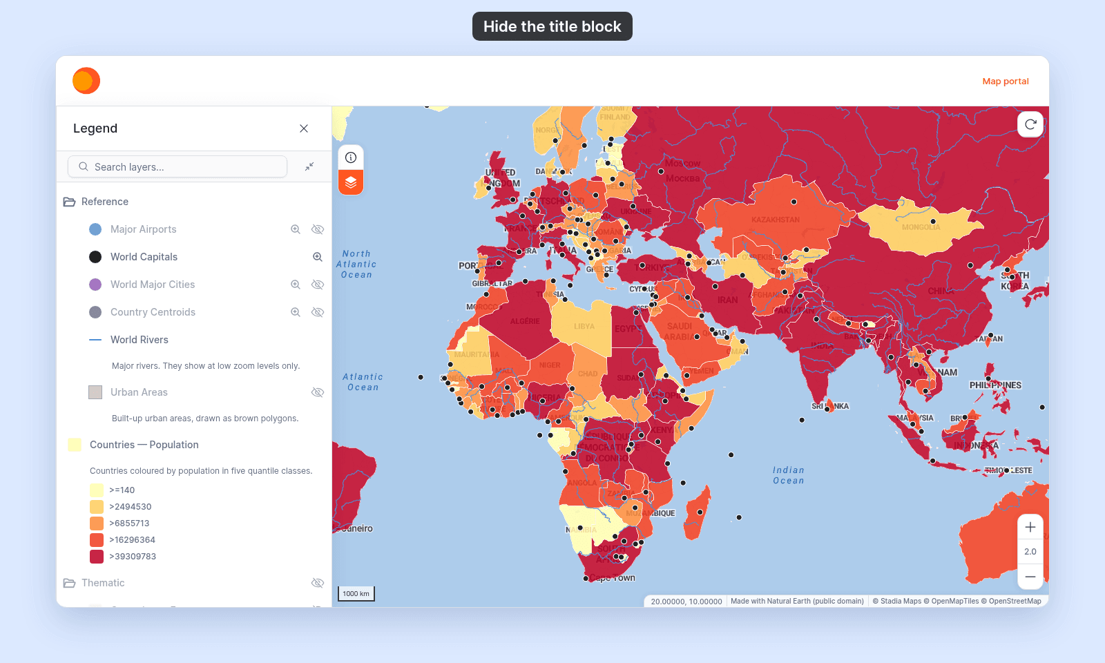 World Atlas as a visitor sees it with the title block off: the bar above the map shows only the logo and the Map portal link