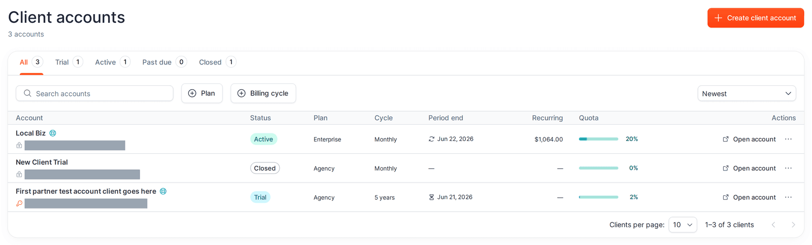 Client accounts page with status tabs, filters, and the account table