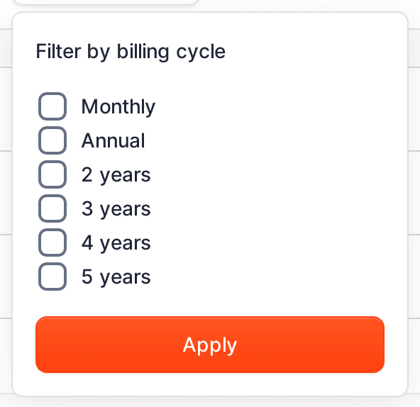 Billing cycle filter popover with Monthly and Annual options