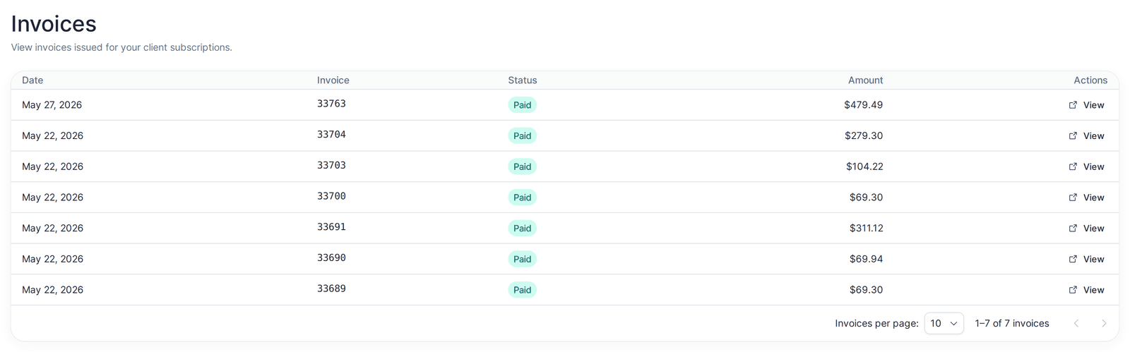 Invoices page listing client subscription invoices