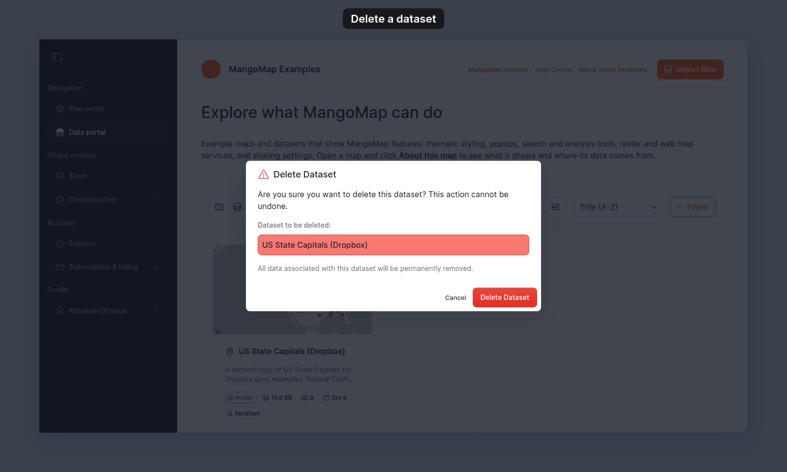 Delete Dataset dialog for US State Capitals (Dropbox), with the Cancel button and the red Delete Dataset button