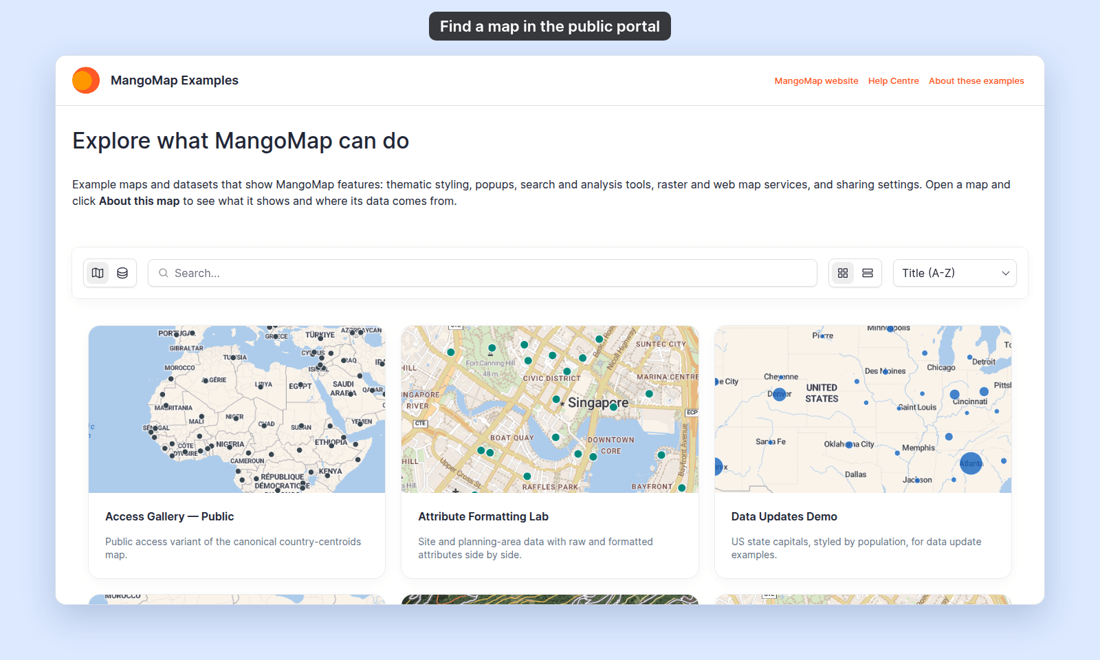 Public Maps portal for a signed-out visitor in card view, with the search bar, the card and list layout toggle set to card, the sort menu, and a row of map cards with thumbnails, titles, and descriptions