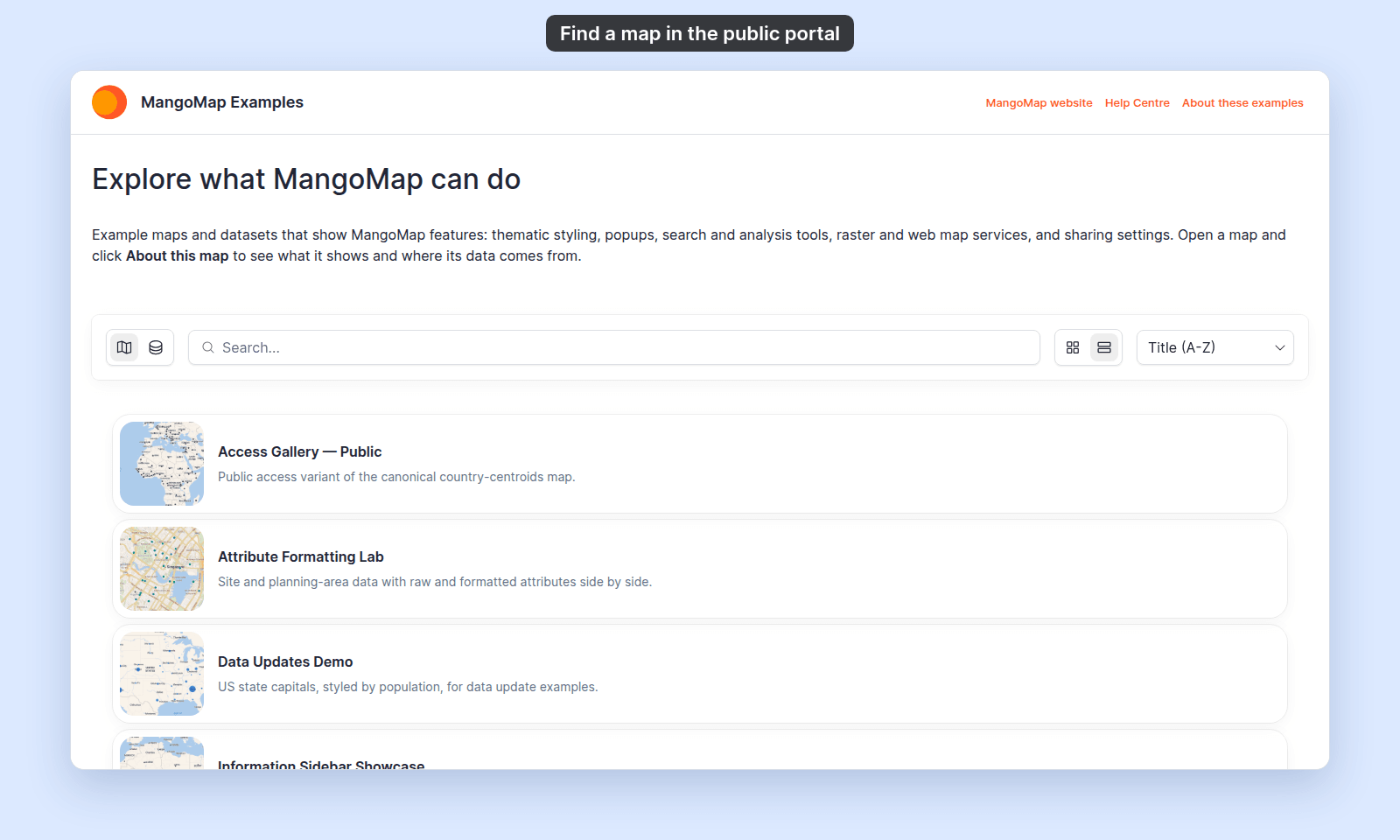 Public Maps portal for a signed-out visitor in list view, with the layout toggle set to list and map rows that show a square thumbnail, a title, and a description