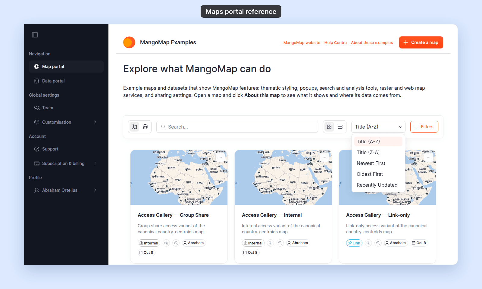Maps portal signed in as the owner, with the MangoMap Examples header and Create a map button, the banner, and the search and filters bar. The sort menu is open with Title (A-Z), Title (Z-A), Newest First, Oldest First, and Recently Updated above the Access Gallery map cards