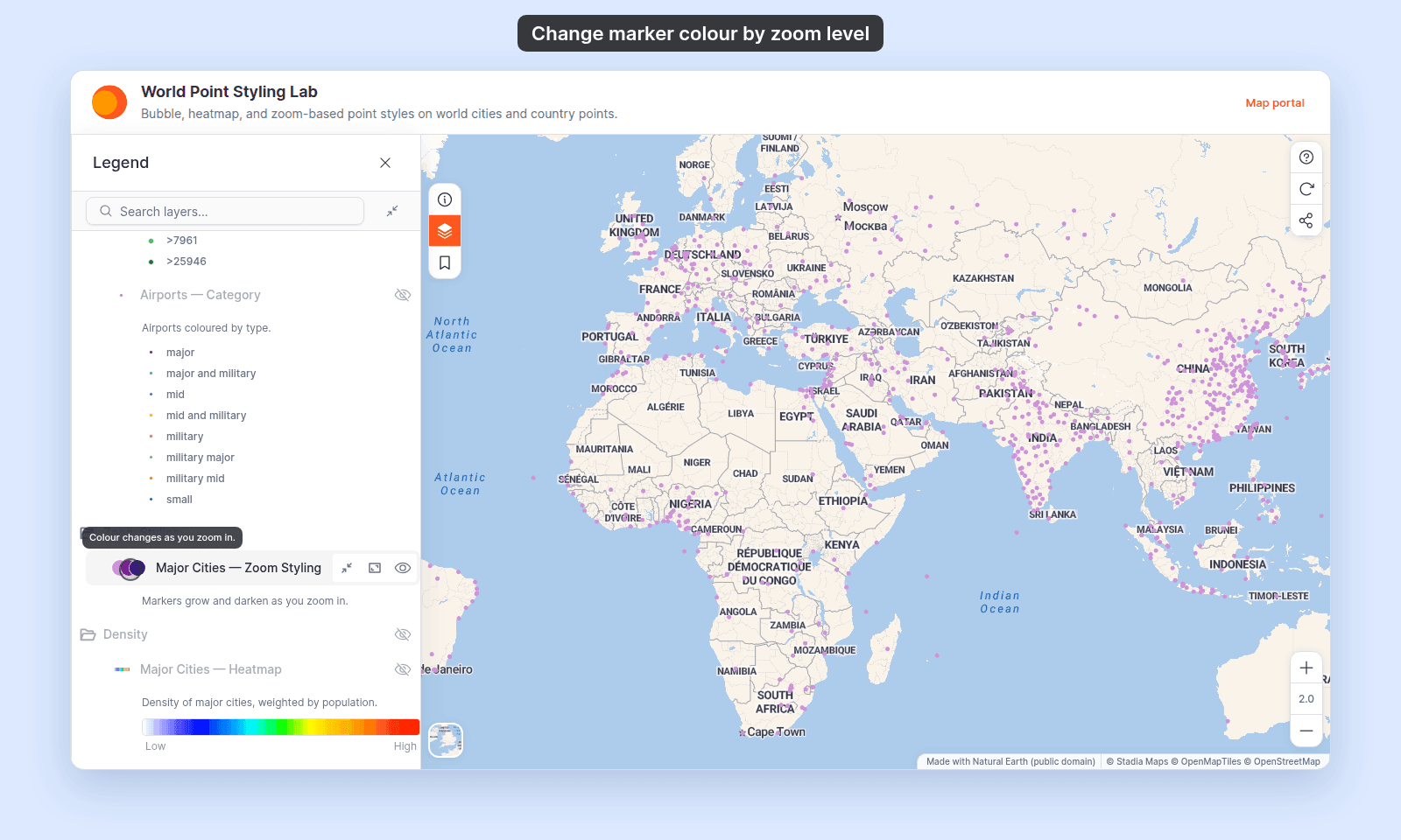 Legend of World Point Styling Lab as a viewer sees it: the Major Cities — Zoom Styling entry shows three overlapping circles from light to dark purple, with the tooltip Colour changes as you zoom in., beside a world map of small light purple city markers