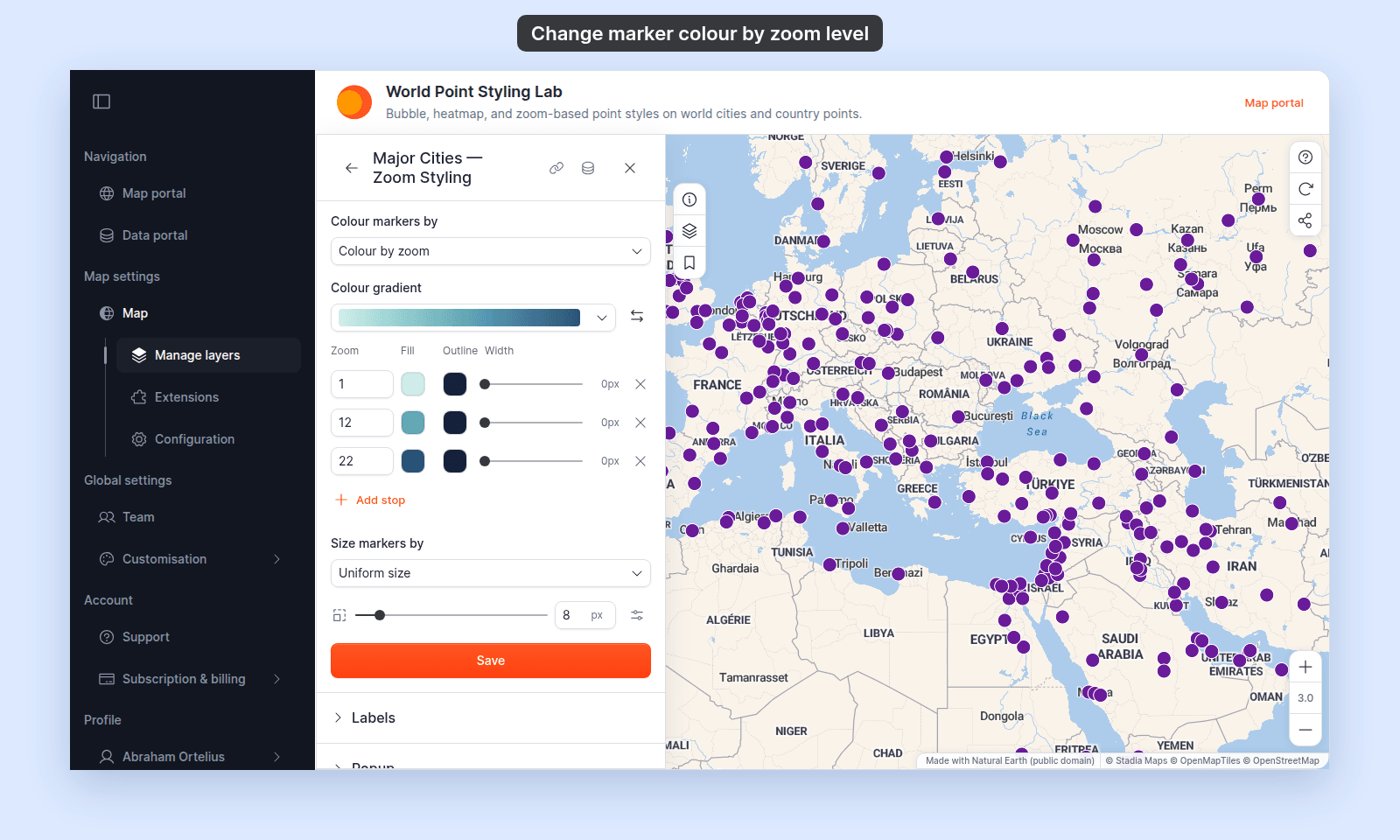 Style section of the Major Cities — Zoom Styling layer with Colour markers by set to Colour by zoom, the Colour gradient dropdown showing a light-to-dark teal ramp and the Reverse colour ramp button, and three zoom stops at zoom 1, 12, and 22 with Fill, Outline, and Width controls, followed by Add stop