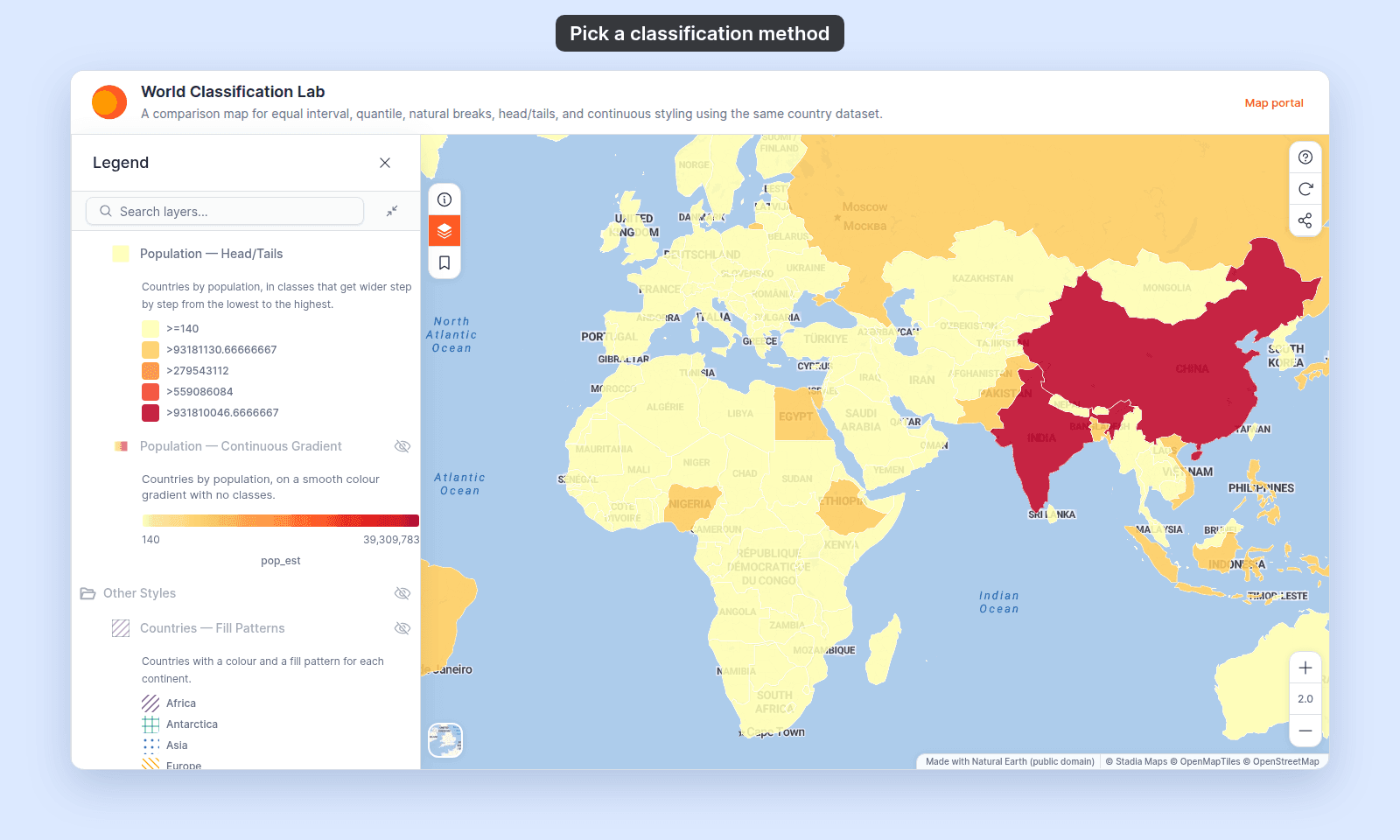 World Classification Lab with Population — Head/Tails shown: most countries are pale yellow, a few large countries such as Russia, Nigeria, and Indonesia are light orange, and China and India are dark red; the legend lists the classes >=140, >93181130.66666667, >279543112, >559086084, and >931810046.6666667