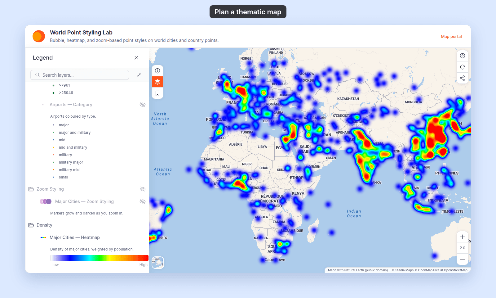 World Point Styling Lab as a viewer sees it, with Major Cities — Heatmap shown: a blue-to-red heatmap over Europe, Africa, and Asia, hottest over India, eastern China, and Western Europe; the legend shows the gradient from Low to High