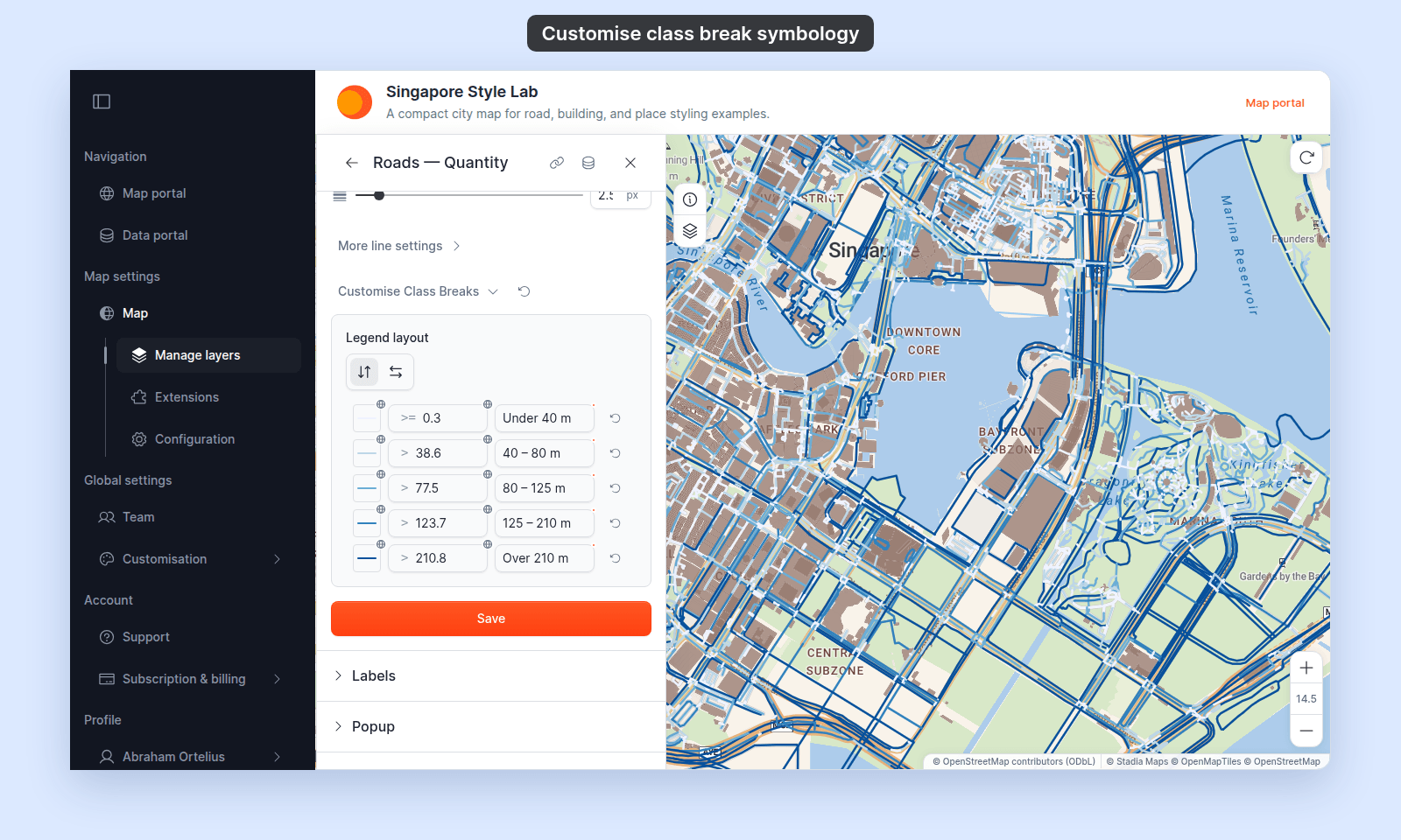 Customise Class Breaks expanded on the Roads — Quantity line layer: the Reset customizations button, the Legend layout toggle, and five class-break rows with swatch, value, labels renamed to Under 40 m, 40 – 80 m, 80 – 125 m, 125 – 210 m, and Over 210 m, and a reset icon on each row