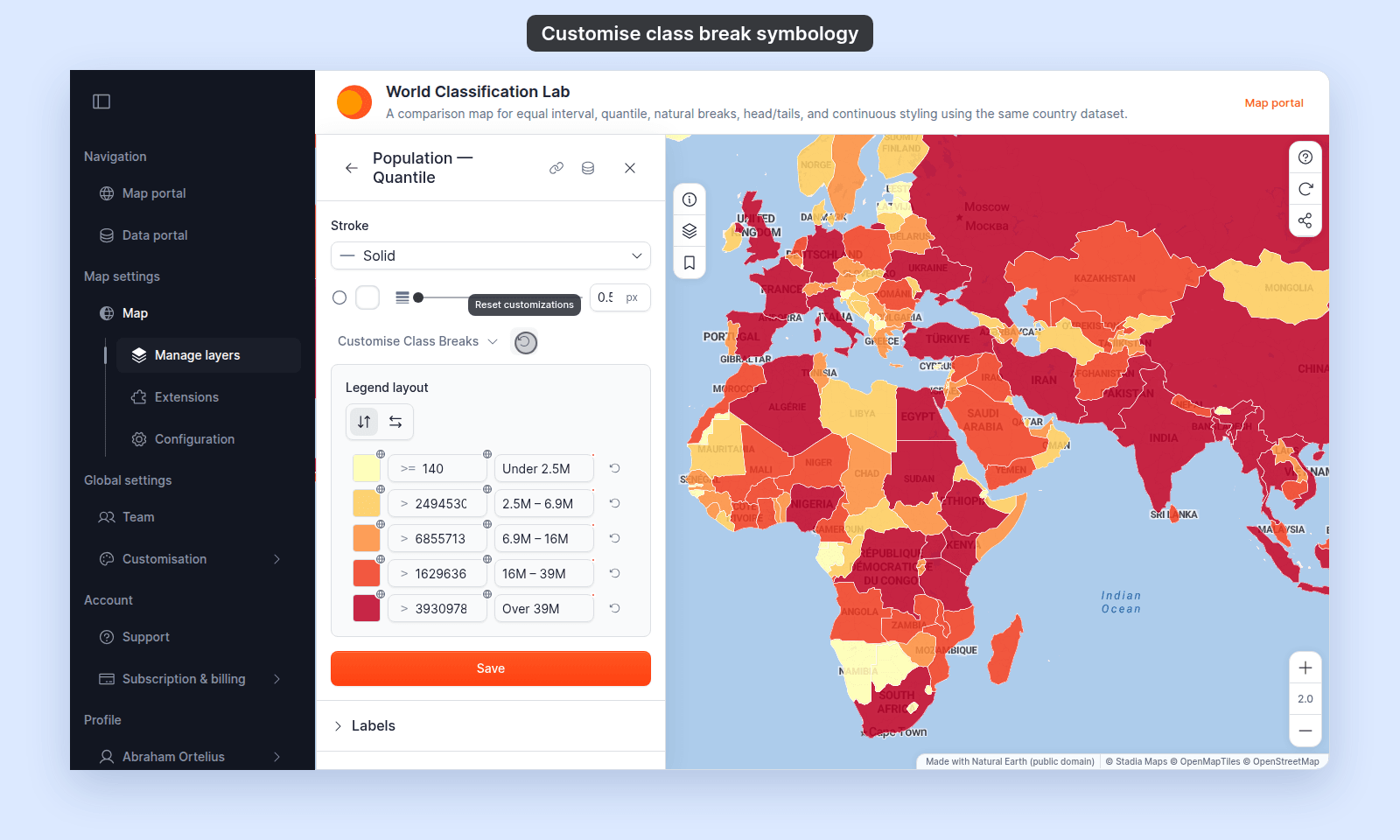 Customise Class Breaks expanded on the Population — Quantile layer: the Reset customizations button beside the collapsible, the Legend layout toggle, and five class-break rows with swatch, range, and labels renamed to Under 2.5M, 2.5M – 6.9M, 6.9M – 16M, 16M – 39M, and Over 39M