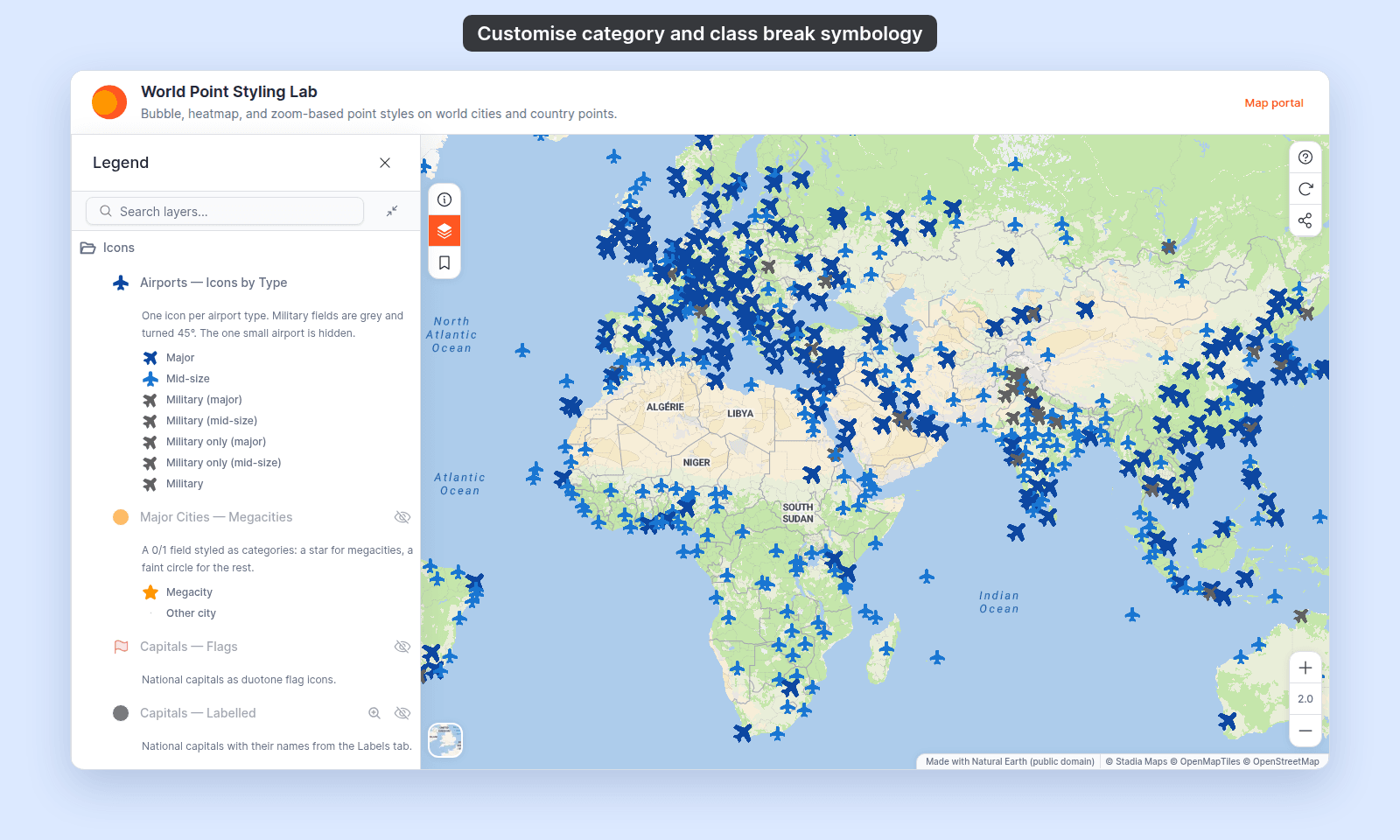 World Point Styling Lab as a viewer sees it with Airports — Icons by Type on: blue airplane icons across the map, grey tilted airplanes for military fields, and the legend entry listing Major, Mid-size, and the Military rows with their icons