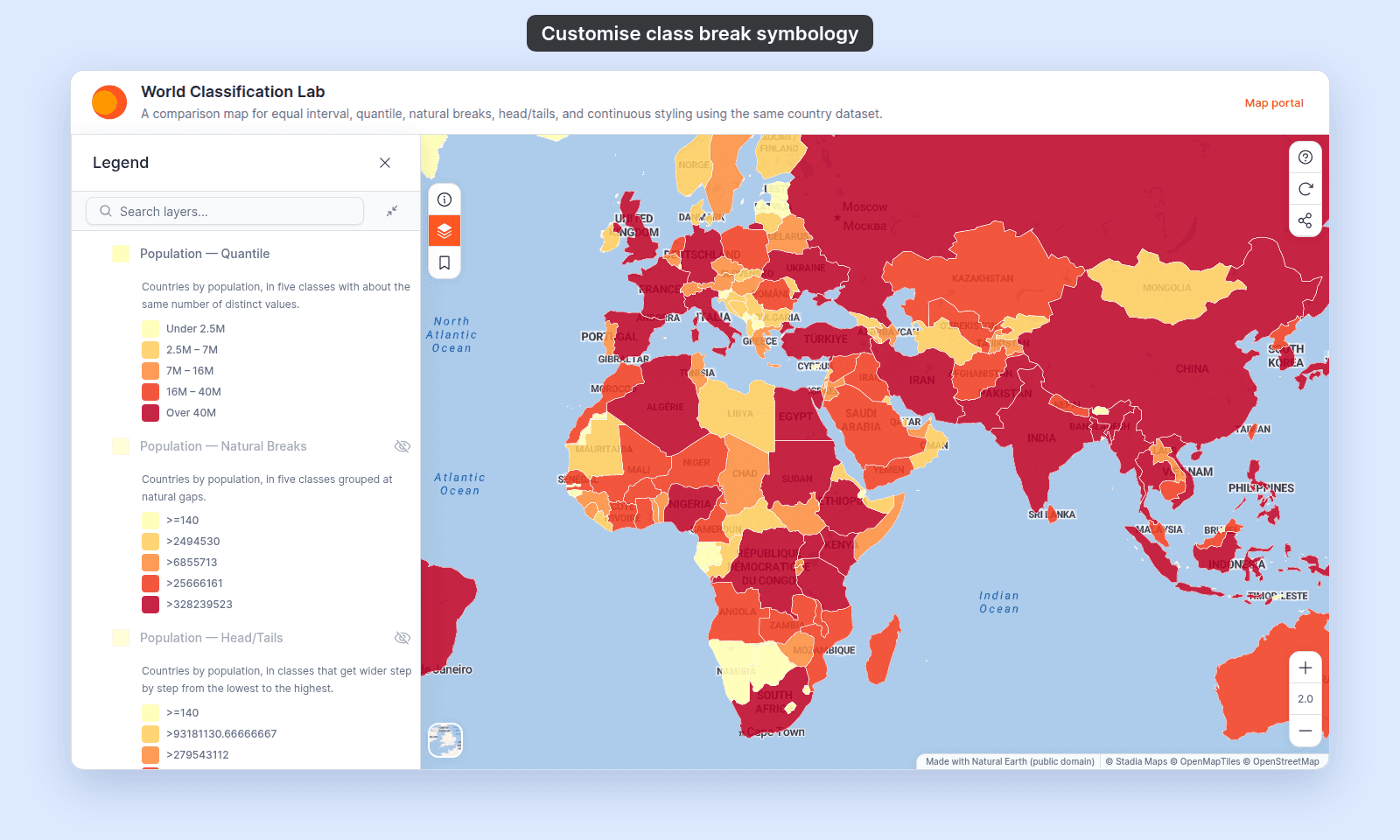 The map viewer after saving Population — Quantile with rounded values: the legend shows Under 2.5M, 2.5M – 7M, 7M – 16M, 16M – 40M, and Over 40M, and the countries on the map use those classes
