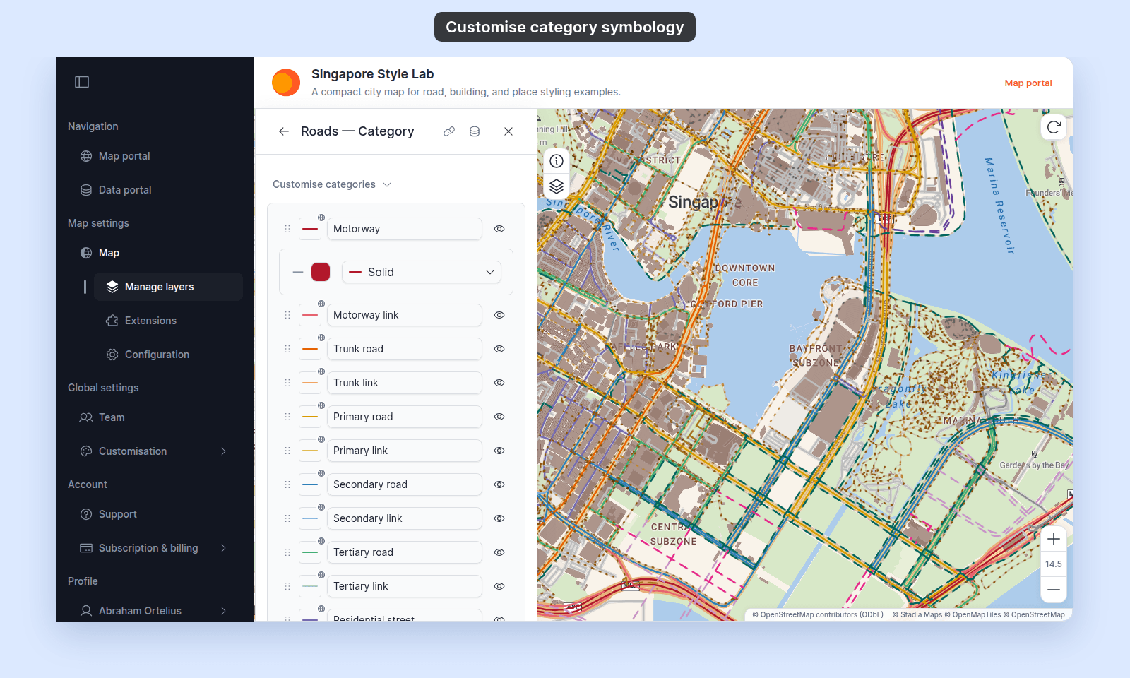 Customise categories on the Roads — Category line layer with the Motorway row's swatch settings open: the dark red line colour and the line pattern list set to Solid