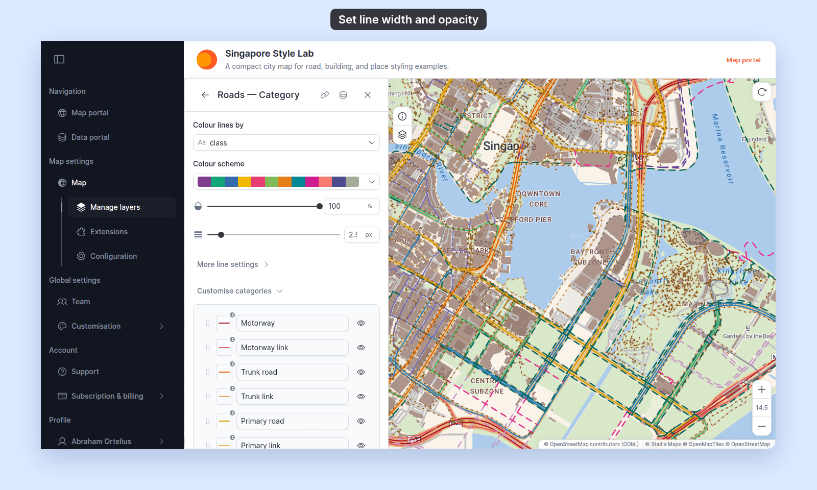 Style section of the Roads — Category layer with Colour lines by set to class, the Colour scheme dropdown, the Line opacity slider at 100%, the line width slider at 2.5 px, More line settings, and Customise categories open with rows Motorway to Primary road