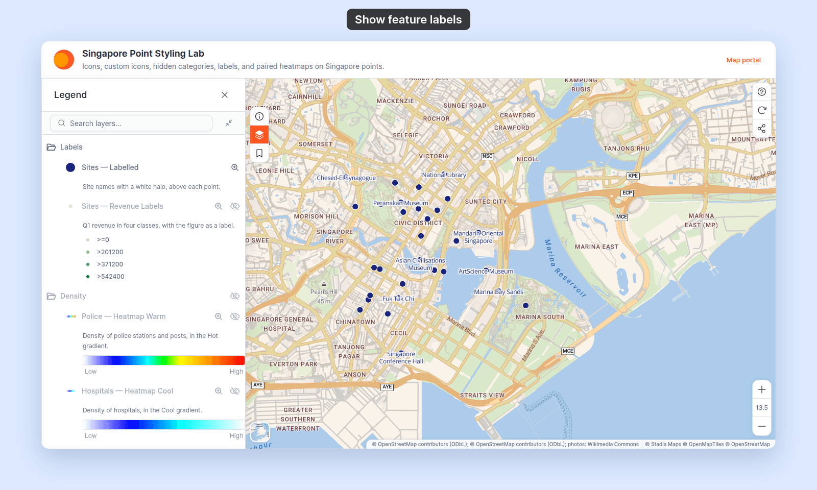 Singapore Point Styling Lab as a viewer sees it with Sites — Labelled on: navy circles for 30 landmarks, each with its name in dark blue text with a white halo above the point, and the legend entry Sites — Labelled