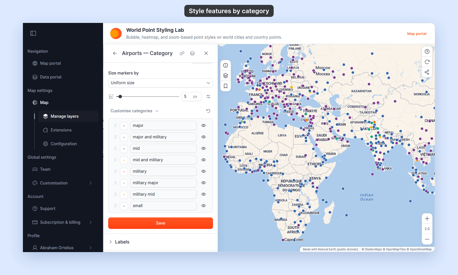 Customise categories expanded on the Airports — Category point layer: a row for each airport type, major to small, each with a drag handle, swatch, label, and eye icon, above the Save button