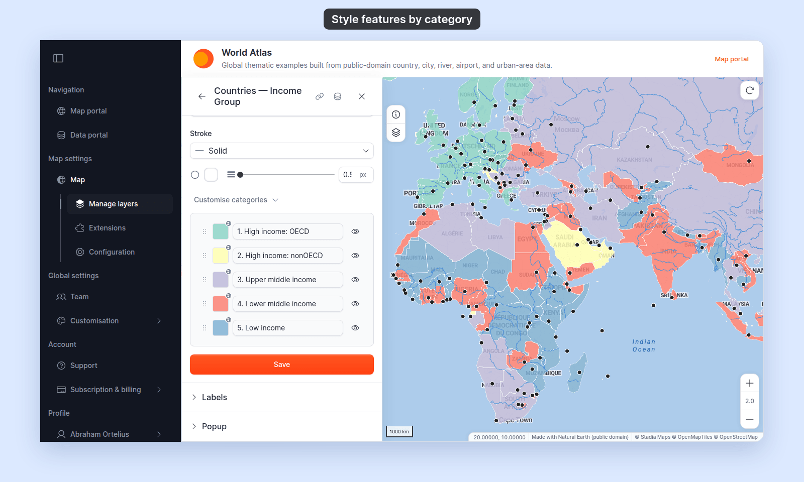 Customise categories expanded on the Countries — Income Group polygon layer: five rows, 1. High income: OECD to 5. Low income, each with a drag handle, fill swatch, label, and eye icon, above the Save button
