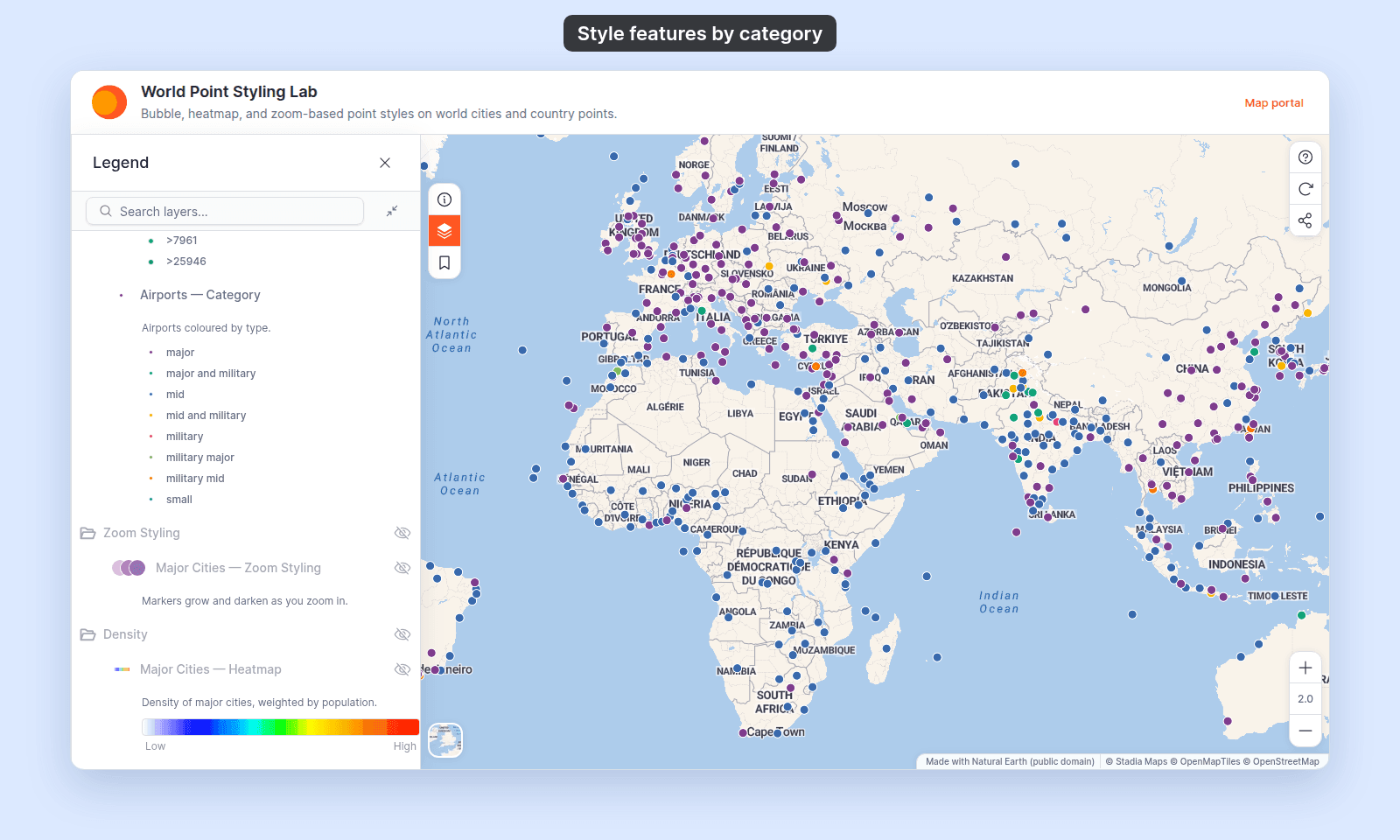 World Point Styling Lab as a viewer sees it: airports coloured by type on the map, and the legend under Airports — Category listing major, major and military, mid, mid and military, military, military major, military mid, and small