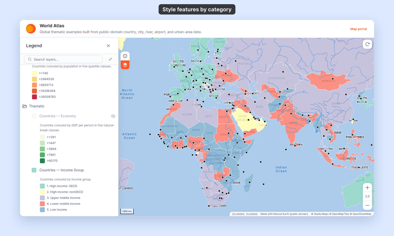 World Atlas as a viewer sees it: countries coloured by income group on the map, and the legend under Countries — Income Group listing 1. High income: OECD to 5. Low income