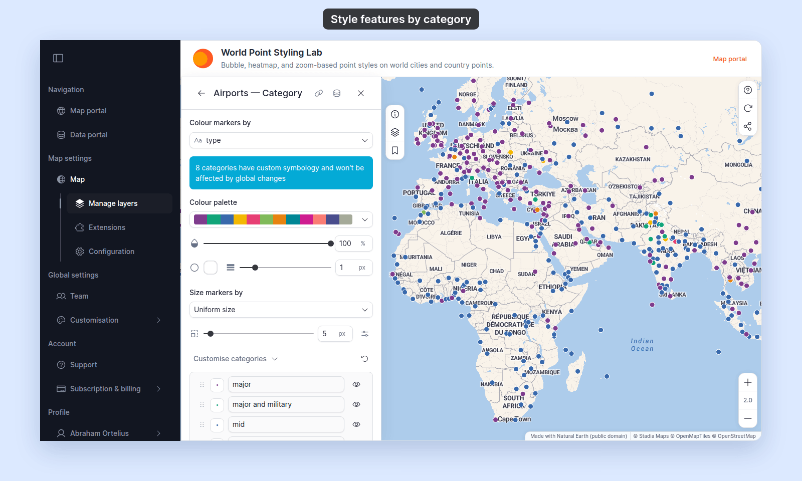 Style section of the Airports — Category point layer: Colour markers by set to the text field type, a note that 8 categories have custom symbology, Colour palette, opacity and outline, Size markers by, and Customise categories with rows for major, major and military, and mid