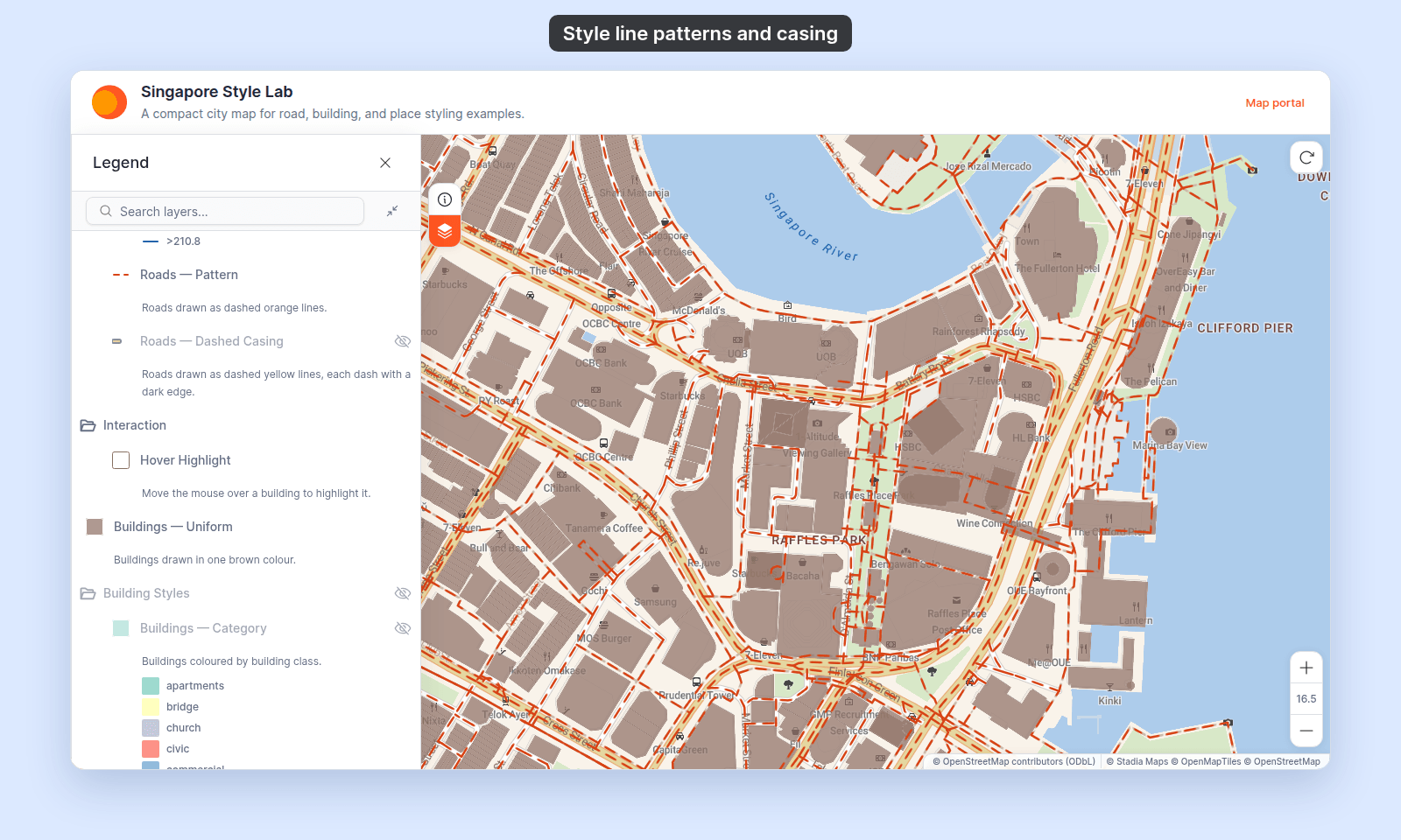 Map viewer close-up of central Singapore with the Roads — Pattern layer drawn as dashed orange lines, and the Legend showing Roads — Pattern with a dashed orange swatch