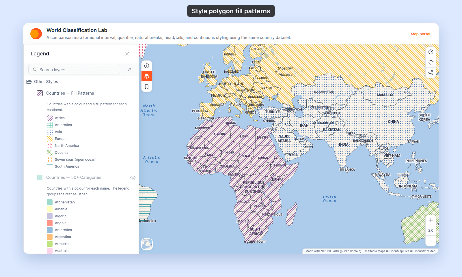 Map viewer with the Legend open on the Countries — Fill Patterns layer, with a pattern swatch for each continent: Africa, Antarctica, Asia, Europe, North America, Oceania, Seven seas (open ocean), and South America; the map shows the same patterns, such as purple slash hatching on Africa and dots on Asia