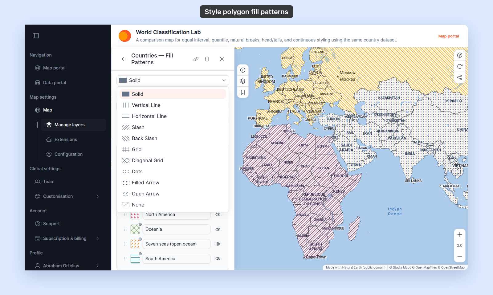 Fill pattern dropdown open on the Countries — Fill Patterns layer, listing Solid, Vertical Line, Horizontal Line, Slash, Back Slash, Grid, Diagonal Grid, Dots, Filled Arrow, Open Arrow, and None, each with a small preview (None is an empty dashed box with a diagonal line), with the map behind showing a different pattern on each continent