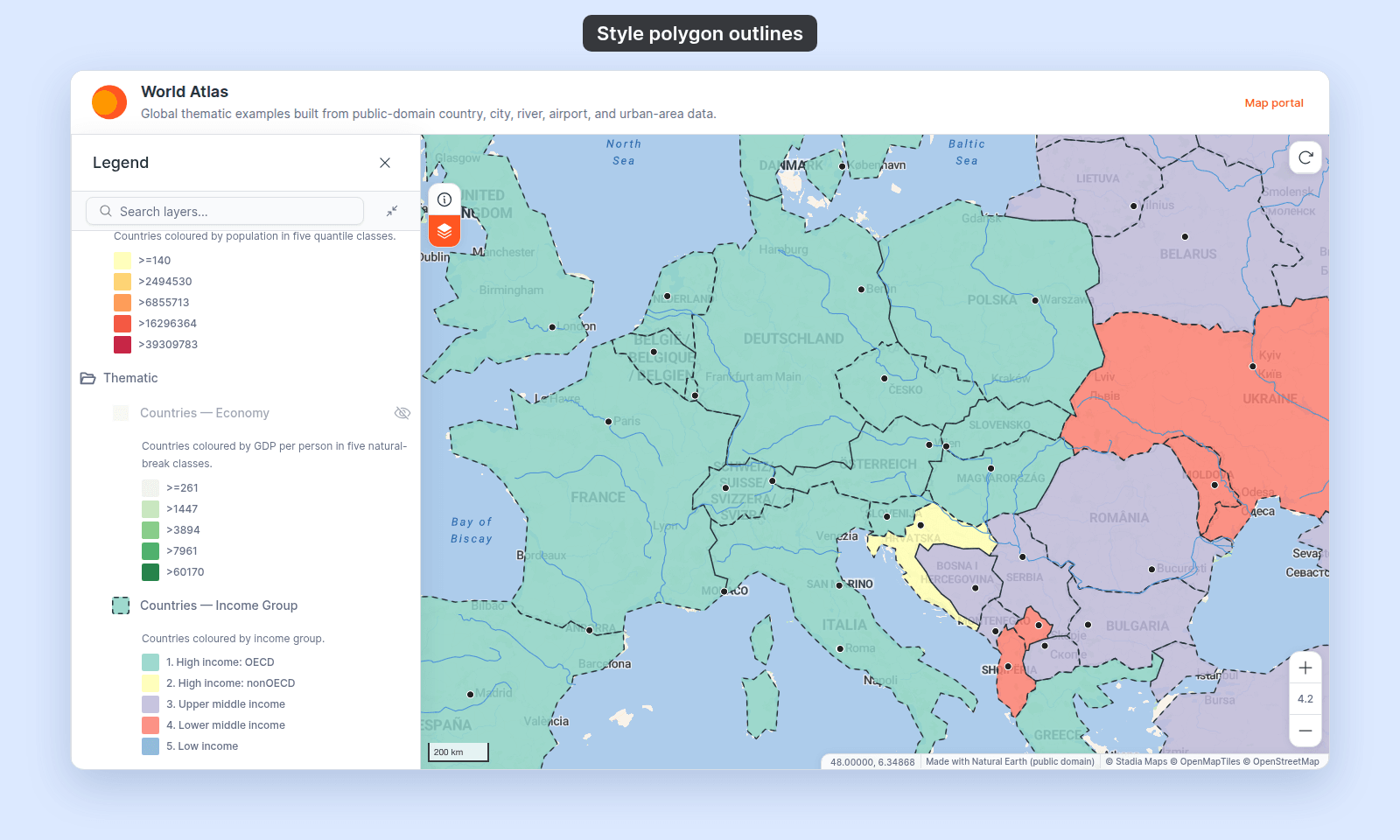 Map viewer zoomed on Europe with the Countries — Income Group layer drawn with a dark dashed outline around each country, and the Legend open on the layer: its symbol next to the layer name has a dashed outline, and its five income group swatches, from 1. High income: OECD to 5. Low income, show the fill only