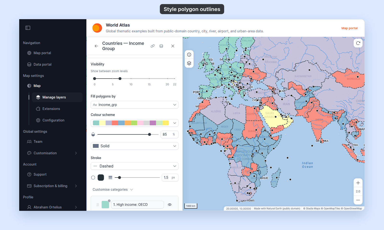 Style section of the Countries — Income Group layer with Fill polygons by set to income_grp, the Colour scheme, fill opacity at 85%, and fill pattern Solid, then Stroke set to Dashed with a dark stroke colour swatch and the stroke width slider at 1.5 px, above Customise categories