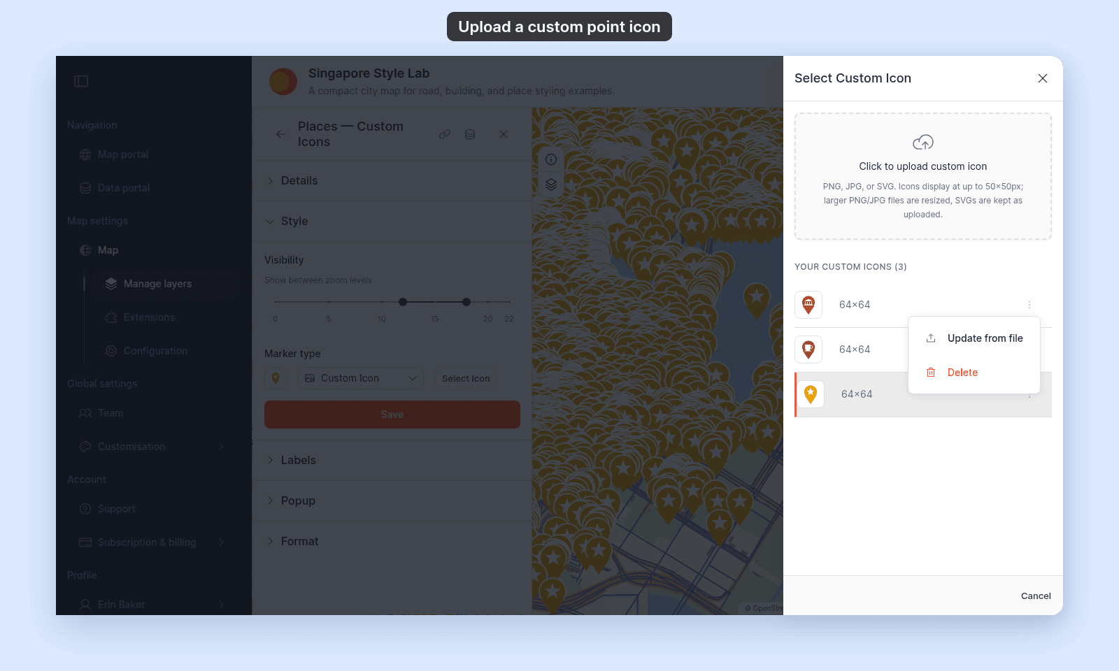 Select Custom Icon drawer with the Click to upload custom icon area, Your Custom Icons (3) listing three 64×64 icons with the selected star icon highlighted, and the More actions menu of the first icon open with Update from file and Delete