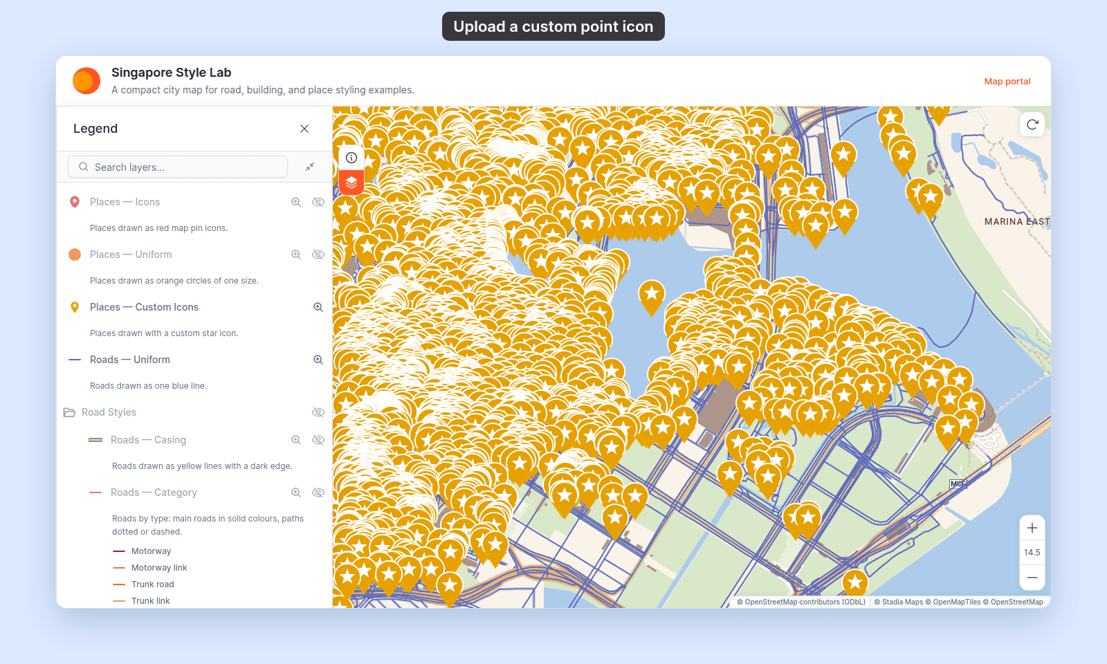 Singapore Style Lab as a viewer sees it, with yellow star map pins across the city and the legend entry Places — Custom Icons showing the same star icon