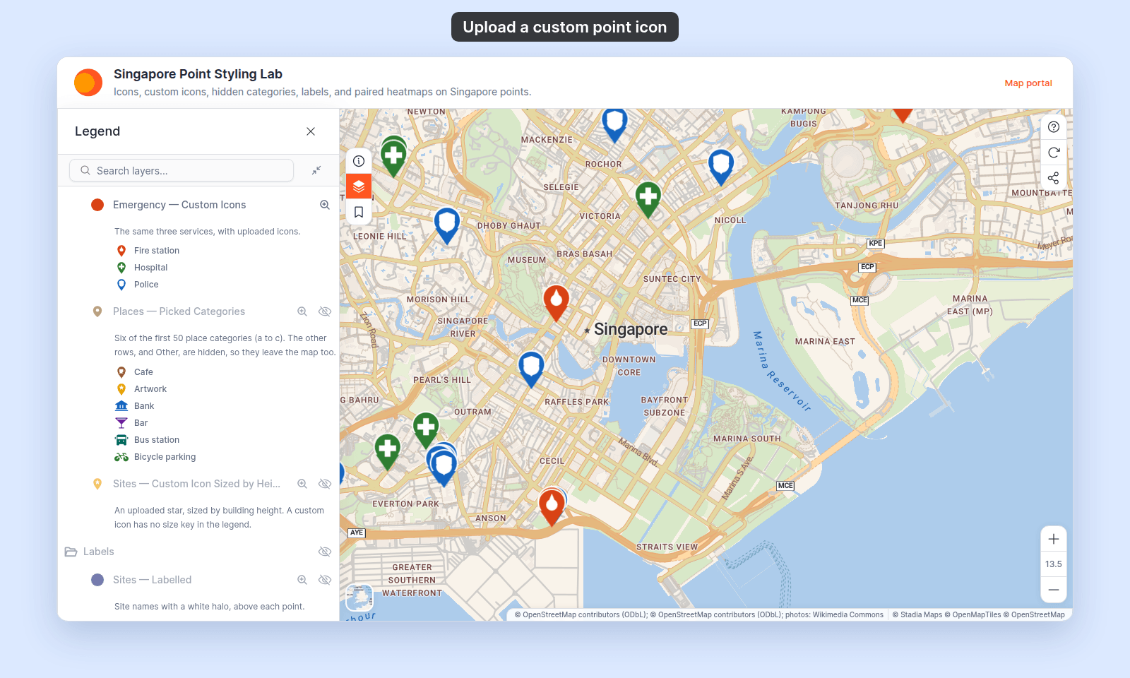 Singapore Point Styling Lab as a viewer sees it with Emergency — Custom Icons on: orange flame, green cross, and blue shield map pins across the city, and the legend entry listing Fire station, Hospital, and Police with the same three pins