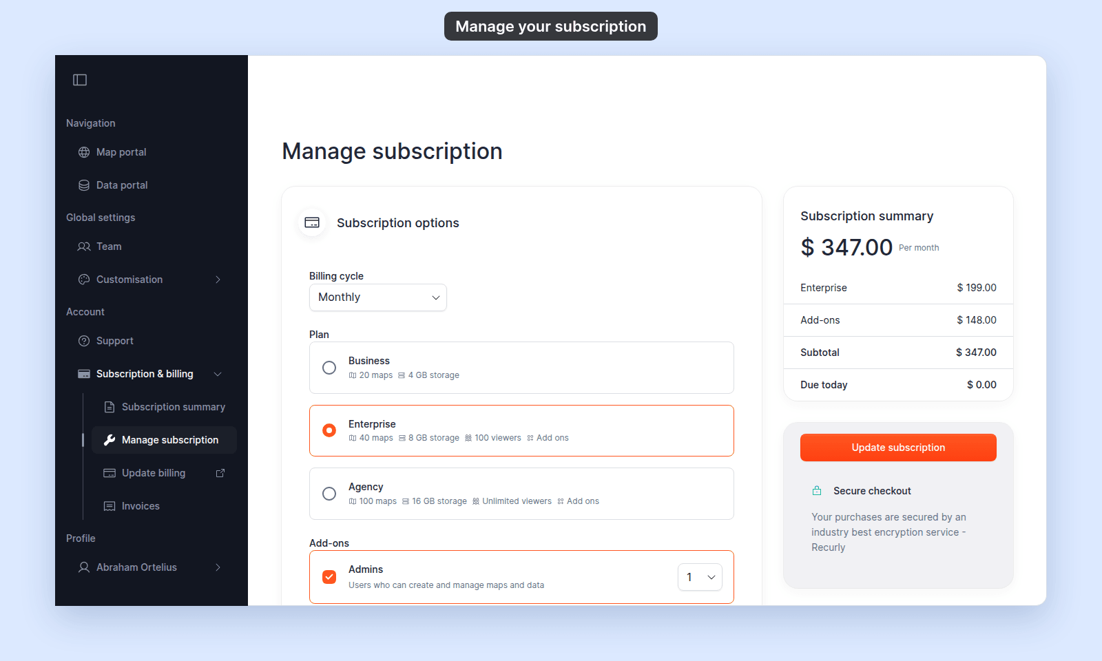 Manage subscription page: Subscription options with Billing cycle Monthly, Plan Enterprise selected, and Add-ons; Subscription summary card with $ 347.00 Per month, Due today $ 0.00, and the Update subscription button